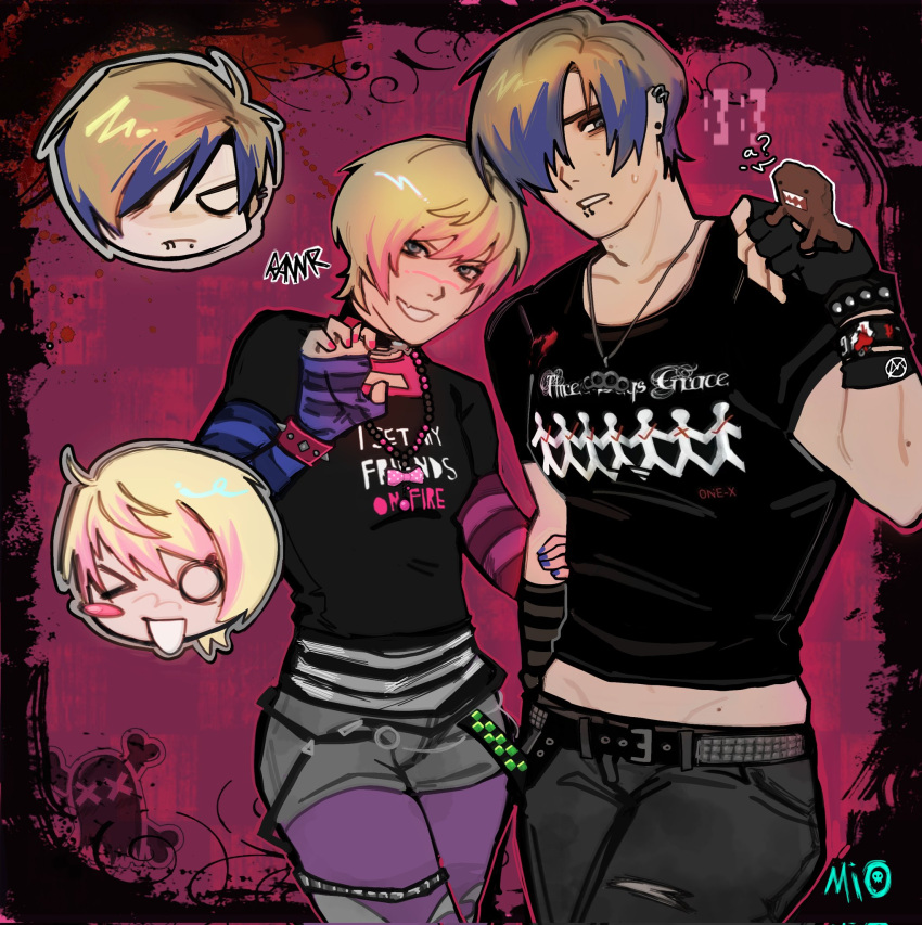 1boy 1girl artist_request ashley_graham earrings highres jewelry leon_s._kennedy monster multicolored_hair one_eye_closed pants pantyhose punk resident_evil resident_evil_4 resident_evil_4_(remake) shirt shorts