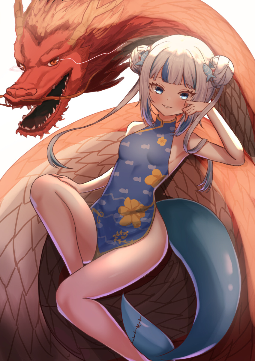 1girl absurdres alternate_costume blue_dress blue_hair blush breasts china_dress chinese_clothes chinese_zodiac double_bun dragon dress eastern_dragon fins fish_tail gawr_gura grey_hair hair_bun highres hololive hololive_english long_hair looking_at_viewer multicolored_hair shark_girl shark_tail sharkudon sleeveless sleeveless_dress small_breasts smile streaked_hair tail twintails virtual_youtuber year_of_the_dragon