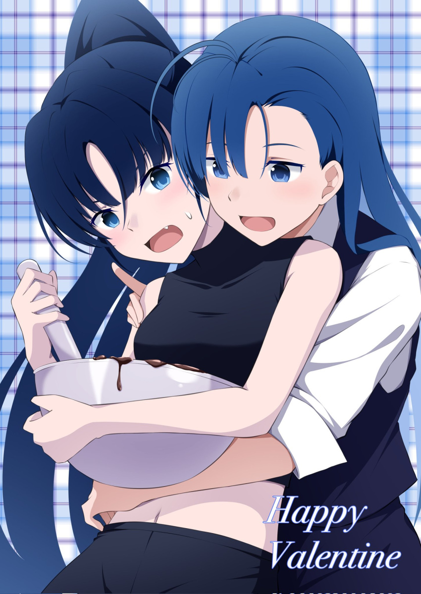 2girls ado_(utaite) ahoge asymmetrical_bangs black_shirt blue_eyes blue_hair blue_pants blue_vest bowl breasts chocolate_making cloud_nine_inc commentary_request corrupted_twitter_file crop_top fang happy_valentine highres holding holding_bowl hug hug_from_behind long_hair merry_(ado) midriff multiple_girls naima_(ado) navel nori_(norinori_yrl) open_mouth pants parted_bangs ponytail readymade_(ado) shirt sleeveless sleeveless_shirt sleeves_past_elbows small_breasts sweatdrop usseewa valentine vest voice_actor_connection white_shirt yuri