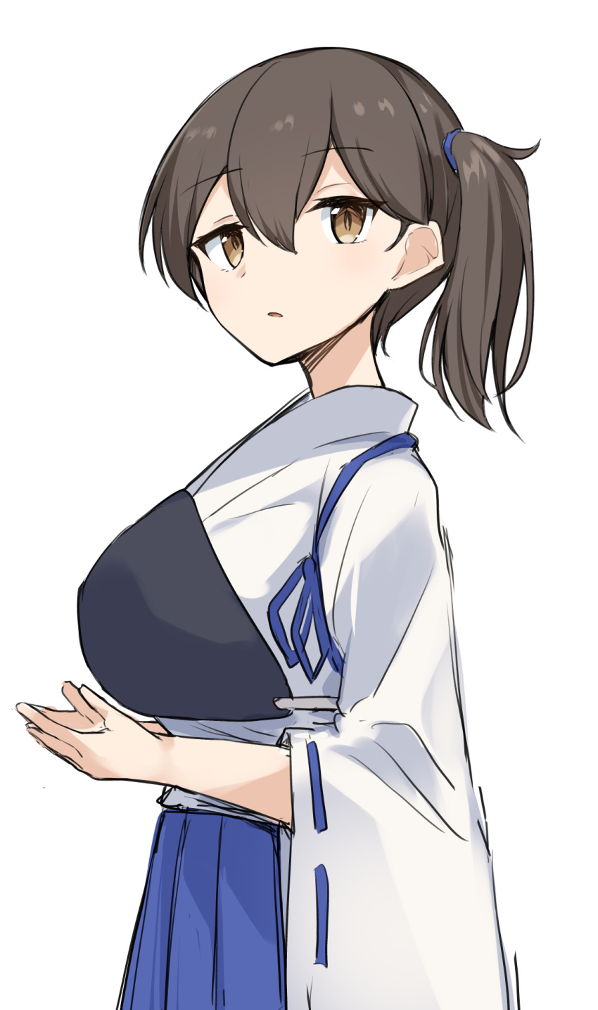 1girl black_hair blue_hakama brown_eyes hakama hakama_skirt highres japanese_clothes kaga_(kancolle) kantai_collection looking_at_viewer medium_hair muneate one-hour_drawing_challenge ribbon-trimmed_sleeves ribbon_trim sakikumo_(sakumo) side_ponytail skirt solo tasuki wide_sleeves