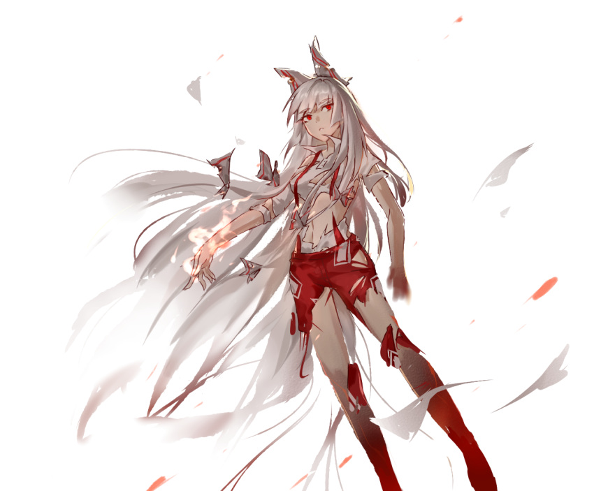 1girl bow breasts commentary feet_out_of_frame fire fujiwara_no_mokou hair_bow long_hair pants parted_lips pyrokinesis red_eyes red_pants shirt simple_background small_breasts solo suspenders torn_bow torn_clothes torn_pants torn_shirt touhou white_background white_bow white_hair white_shirt xinjinjumin249055877979