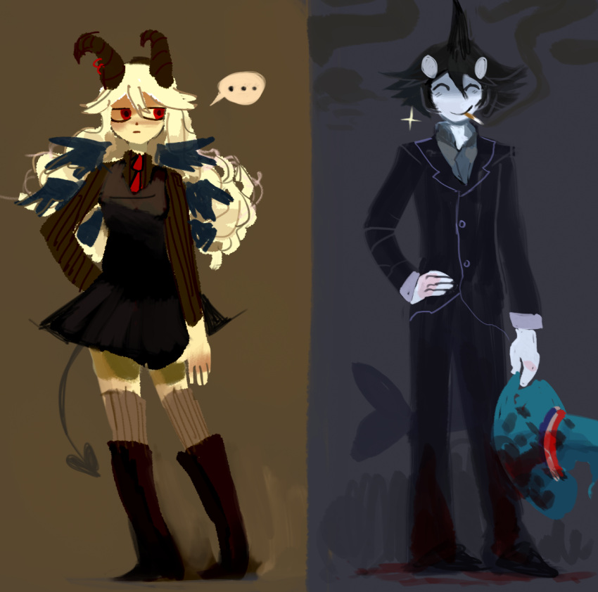 1boy 1girl black_footwear black_pants cigarette closed_eyes crossover demon_girl demon_horns demon_wings funamusea haiiro_teien hand_on_own_hip highres homiwomi horns ice_scream idate_(ice_scream) looking_to_the_side orca_boy pants red_eyes reficul_(haiiro_teien) skirt suit wings