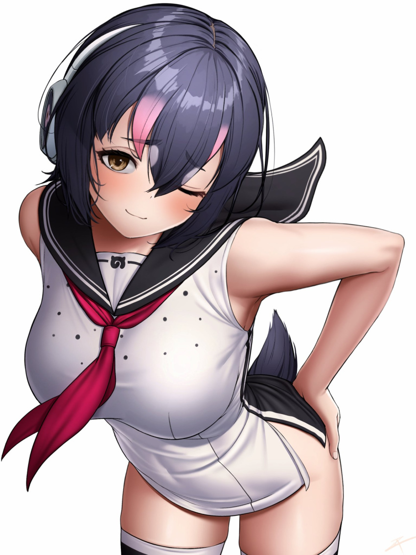 1girl ;) bare_arms bare_shoulders black_hair black_sailor_collar blush breasts commentary cowboy_shot deku_suke dot_nose dress hair_between_eyes hands_on_own_hips head_tilt headphones highres humboldt_penguin_(kemono_friends) japari_symbol_print kemono_friends large_breasts leaning_forward looking_at_viewer multicolored_hair neckerchief one_eye_closed penguin_tail pink_hair red_neckerchief sailor_collar sailor_dress short_dress short_hair simple_background sleeveless sleeveless_dress smile solo tail thighhighs white_background zettai_ryouiki