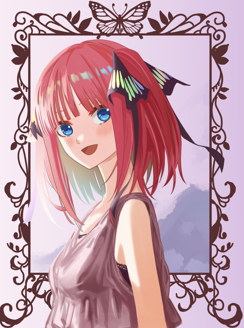 1girl :d blue_eyes blunt_bangs blush border breasts butterfly_hair_ornament commentary_request from_side go-toubun_no_hanayome hair_ornament highres looking_at_viewer looking_to_the_side medium_hair nakano_nino open_mouth ornate_border outside_border purple_background purple_shirt red_hair shirt sleeveless sleeveless_shirt smile solo turning_head two_side_up upper_body yosu_ill