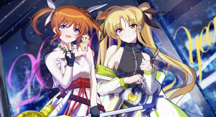 2girls absurdres bardiche bare_shoulders blonde_hair blush brown_hair changpan_hutao coat fate_testarossa fingerless_gloves gloves hair_ribbon highres holding jewelry long_hair long_sleeves looking_at_viewer lyrical_nanoha magical_girl mahou_shoujo_lyrical_nanoha multiple_girls necklace obi off_shoulder open_mouth purple_eyes raising_heart red_eyes ribbon sash smile takamachi_nanoha teeth twintails v very_long_hair yuuno_scrya