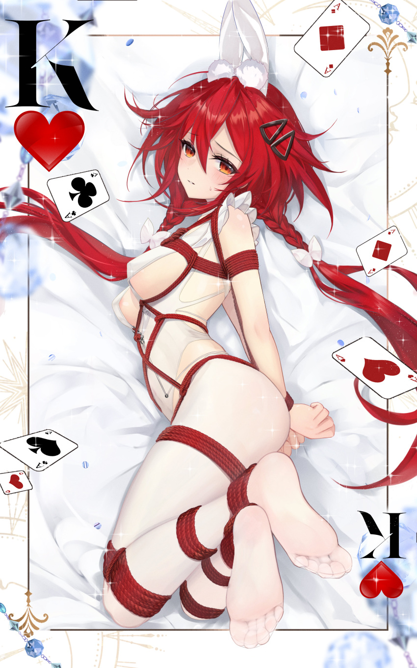 1girl absurdres animal_ears bdsm blush bondage bound breasts detached_collar fake_animal_ears full_body hair_ornament hairclip highres king_(playing_card) king_of_hearts_(playing_card) long_hair medium_breasts neptune_(series) pantyhose playboy_bunny rabbit_ears red_eyes red_hair restrained shibari shin_jigen_game_neptune_vii sideboob solo tennouboshi_uzume twintails very_long_hair white_pantyhose