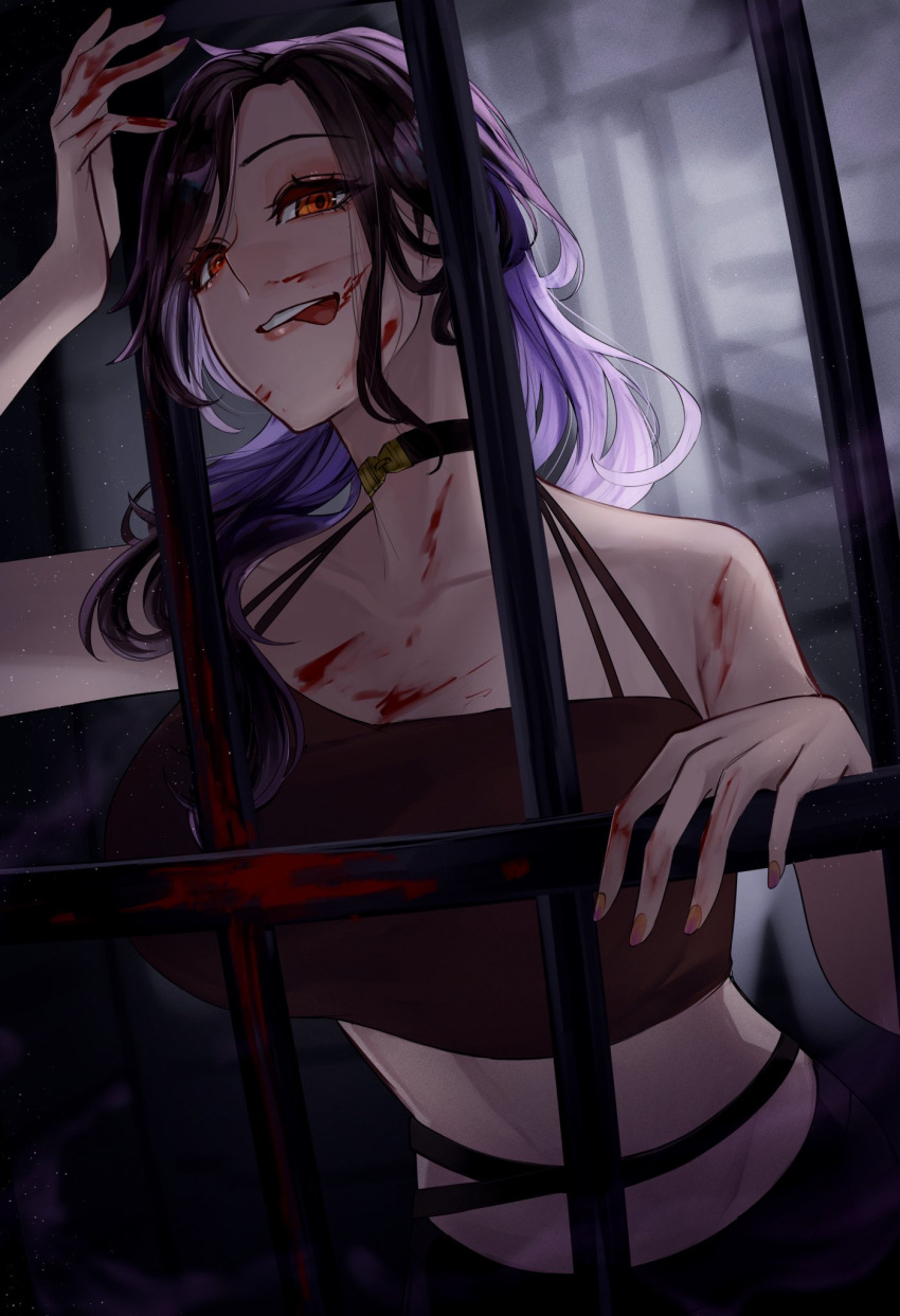 1girl :q bare_shoulders barred_window bars black_choker black_hair blood blood_on_clothes blood_on_face blood_on_hands blood_splatter breasts choker cleavage colored_inner_hair crop_top gradient_hair hair_over_one_eye highres in_cell iron_bars large_breasts licking_lips long_hair looking_at_viewer midriff multicolored_hair naughty_face navel nekotokage nijisanji open_mouth orange_eyes prison prison_cell prisoner shirayuki_tomoe smile solo tongue tongue_out virtual_youtuber