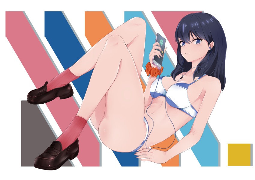 1girl :| absurdres arm_support ass_visible_through_thighs bikini black_hair blue_bikini blue_eyes brown_footwear cellphone chark14 closed_mouth earphones gridman_universe hair_between_eyes highres holding holding_phone knees_up listening_to_music loafers long_hair looking_at_viewer midriff multicolored_background navel orange_scrunchie phone pink_socks reclining scrunchie shoes smartphone socks solo spotify ssss.gridman stomach swimsuit takarada_rikka thick_thighs thighs white_bikini wrist_scrunchie