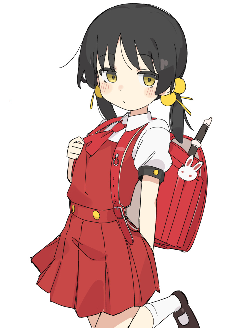 1girl ah-software ascot backpack bag dress expressionless flute fusazakura hair_bobbles hair_ornament highres instrument jitome kaai_yuki low_twintails mary_janes pinafore_dress rabbit_ornament randoseru recorder red_ascot red_bag red_dress shoes sleeveless sleeveless_dress solo twintails white_background yellow_eyes