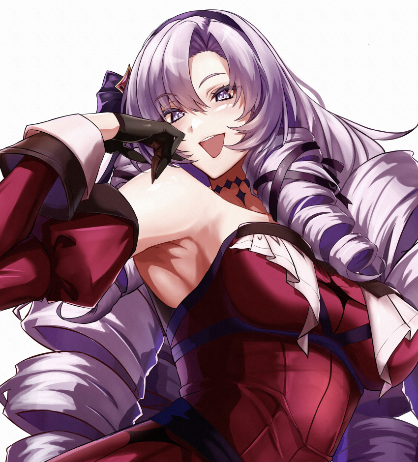 1girl absurdres armpits bare_shoulders black_gloves breasts claw_ring dress drill_hair frills gloves hairband headband highres hyakumantenbara_salome_(1st_costume) juliet_sleeves large_breasts long_hair long_sleeves looking_at_viewer nijisanji off-shoulder_dress off_shoulder ojou-sama_pose open_mouth parted_bangs puffy_long_sleeves puffy_sleeves purple_eyes purple_hair purple_hairband purple_headband red_dress red_sleeves saketoba-s simple_background smile solo virtual_youtuber white_background