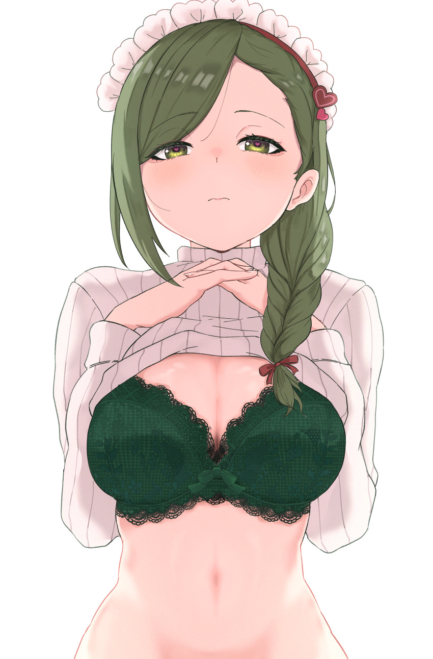 1girl absurdres blush bra braid breasts cleavage clothes_lift embroidered_bra fingernails green_bra green_eyes green_hair hair_ribbon heart heart-shaped_pupils highres idolmaster idolmaster_shiny_colors interlocked_fingers lace-trimmed_bra lace_trim large_breasts looking_at_viewer maid_headdress nanakusa_hazuki navel own_hands_together ribbed_sweater ribbon shignonpencil simple_background single_sidelock solo stomach sweater sweater_lift swept_bangs symbol-shaped_pupils underwear upper_body white_background white_sweater