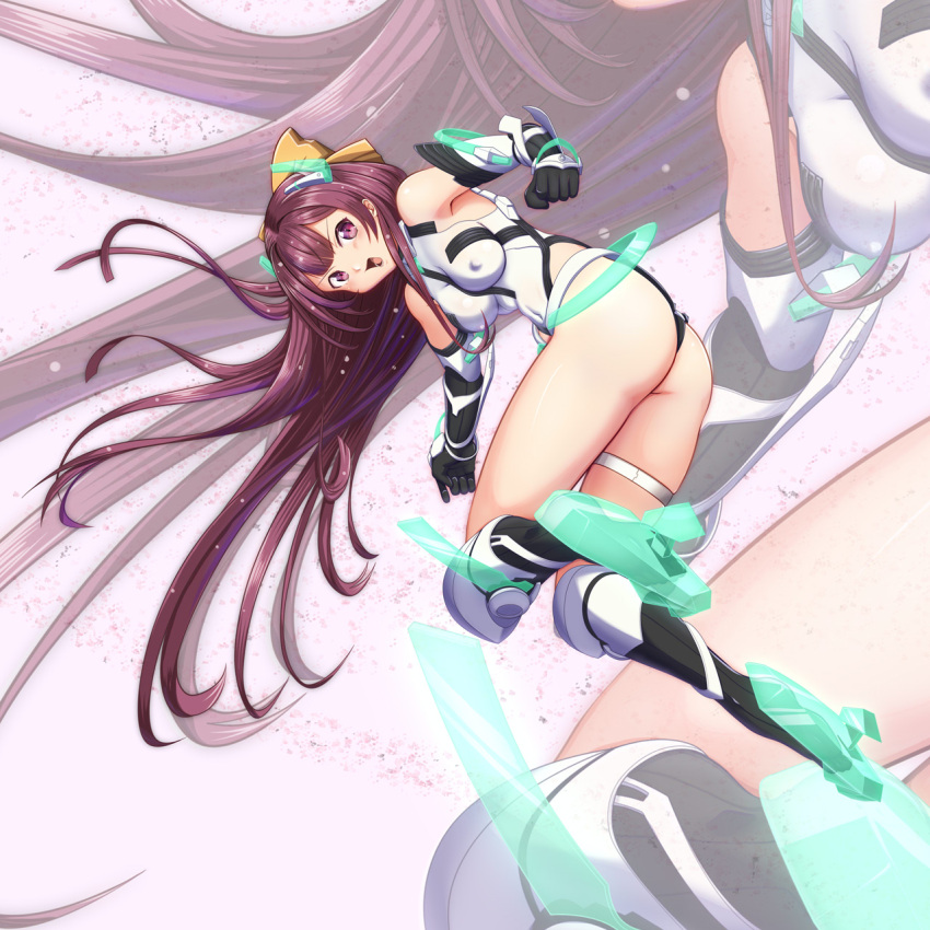 1girl angela_balzac angela_balzac_(cosplay) ass bow commentary_request cosplay covered_nipples deva_battle_suit elbow_gloves full_body gloves hair_bow highres kamikaze_(kancolle) kantai_collection leotard long_hair moke_ro purple_eyes purple_hair rakuen_tsuihou solo white_leotard yellow_bow zoom_layer