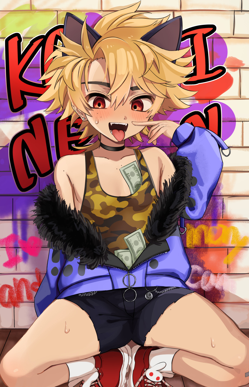 1boy absurdres animal_ears bandages black_choker black_ears blonde_hair blush camouflage camouflage_shirt cat_ears choker commission earrings fangs fur_trim highres indie_virtual_youtuber jacket jewelry kainen kayupon looking_at_viewer male_focus money open_mouth otoko_no_ko purple_jacket red_eyes shirt skeb_commission solo sweatdrop tongue tongue_out virtual_youtuber