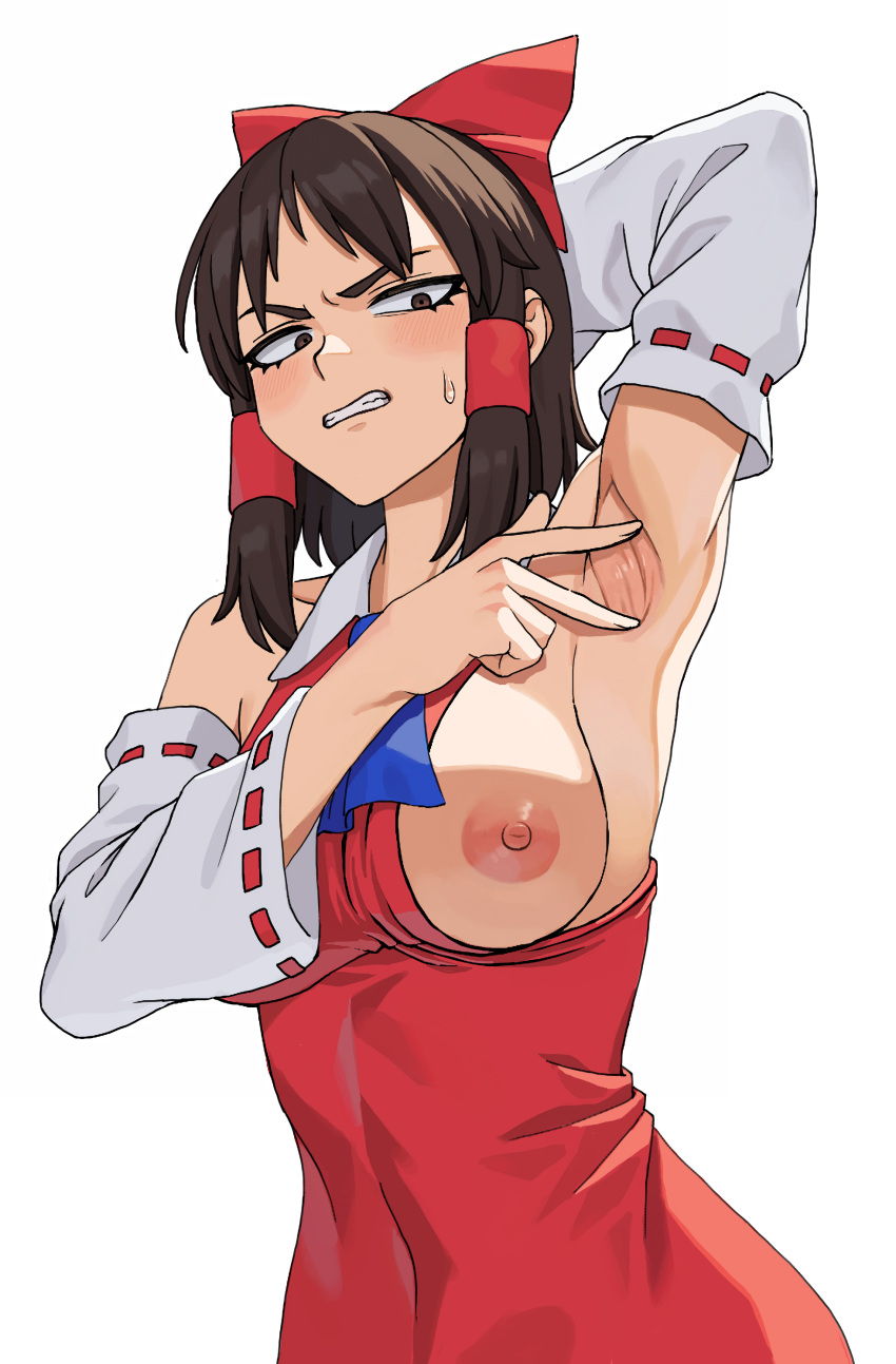 1girl absurdres arm_up armpits ascot blue_ascot blush bo_(bocky0w0) breasts brown_eyes brown_hair clenched_teeth collared_dress commentary_request cookie_(touhou) covered_navel cowboy_shot detached_sleeves dress fingernails hakurei_reimu highres large_breasts looking_at_viewer medium_bangs nipples red_dress ribbon-trimmed_sleeves ribbon_trim short_hair sideboob sidelocks simple_background sleeveless sleeveless_dress solo spread_armpit teeth togashi_(cookie) touhou white_background white_sleeves