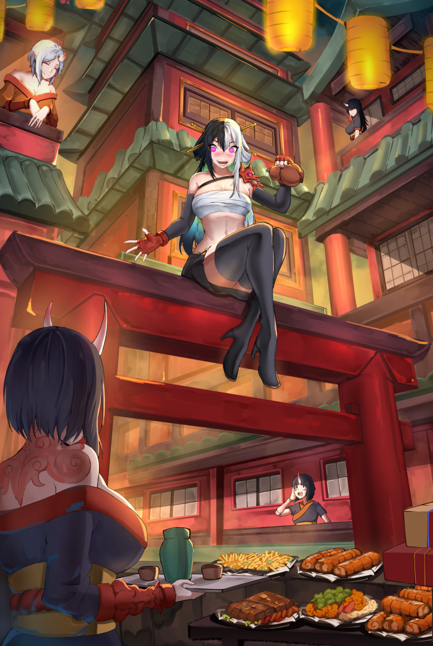 5girls :d absurdres bandages bandeau bare_shoulders black_footwear black_hair black_kimono black_skirt boots chest_sarashi commentary_request elbow_gloves fingerless_gloves food gloves gourd high_heel_boots high_heels highres holding horns japanese_clothes kagurachi kimono long_hair mask_on_shoulder midriff multicolored_hair multiple_girls off_shoulder open_mouth original purple_eyes red_gloves sarashi sitting skirt smile split-color_hair stomach strapless thigh_boots tomoe_(kagurachi) tube_top white_hair
