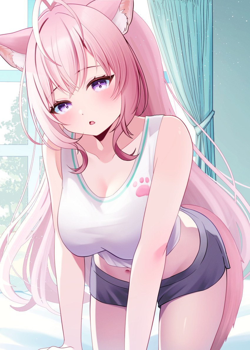 1girl absurdres animal_ear_fluff animal_ears bare_shoulders black_shorts blush breasts create8 crop_top hakui_koyori highres hololive large_breasts long_hair looking_at_viewer midriff navel open_mouth pink_hair purple_eyes shirt shorts solo tail thighs virtual_youtuber white_shirt wolf_ears wolf_girl wolf_tail