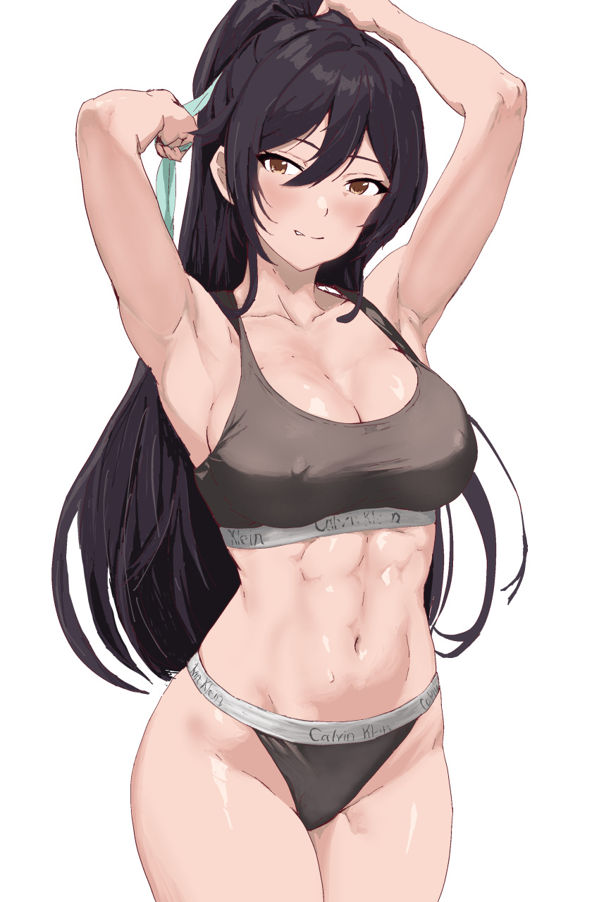 1girl abs absurdres armpits arms_up black_hair blush bra breasts calvin_klein cleavage collarbone commentary_request commission covered_nipples grey_bra grey_panties groin highres idolmaster idolmaster_shiny_colors large_breasts light_smile long_hair looking_at_viewer nasuno-okina navel panties pixiv_commission shirase_sakuya simple_background solo stomach tying_hair underwear very_long_hair white_background