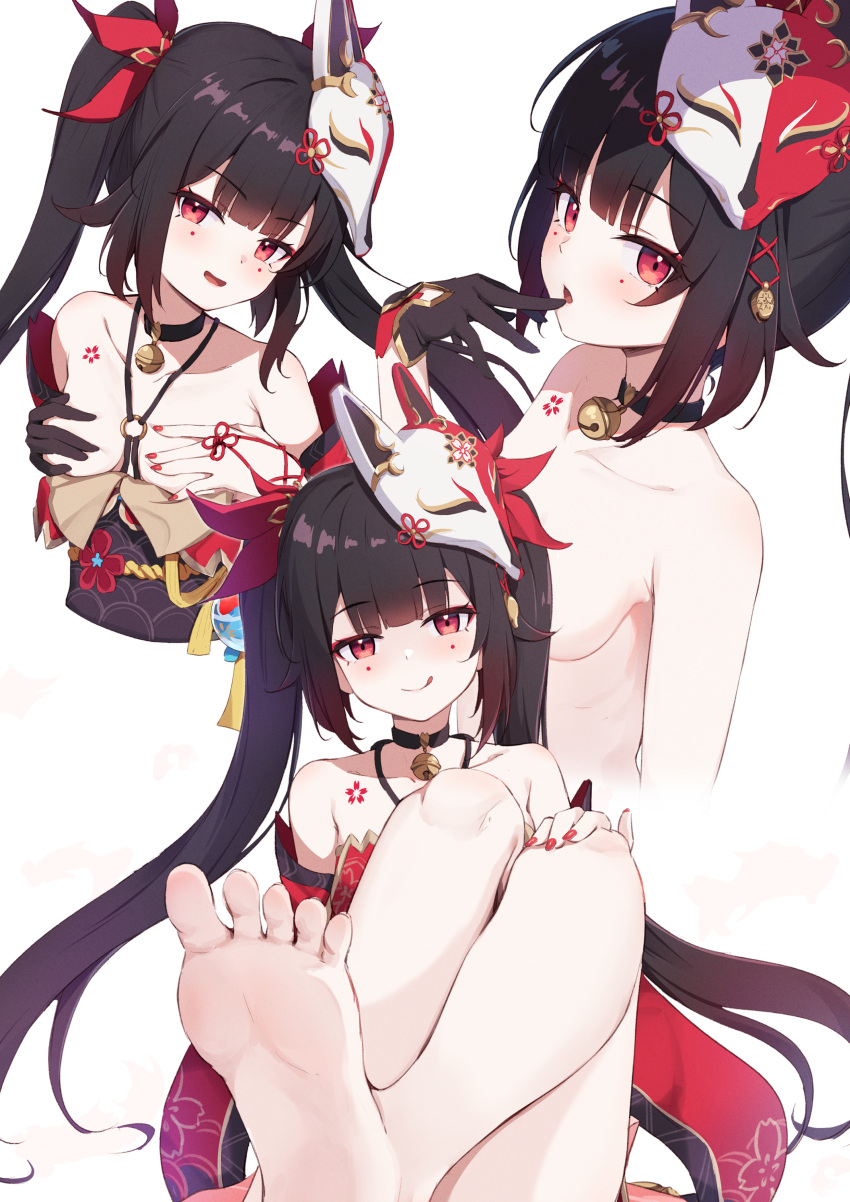 1girl absurdres bare_shoulders barefoot bell black_choker black_gloves black_hair blush breasts choker commentary_request covering_breasts covering_privates detached_sleeves dress finger_to_mouth fox_mask gloves hair_ornament hand_up highres honkai:_star_rail honkai_(series) knees_up legs long_hair looking_at_viewer mask mask_on_head miso_(misomiso_154) mole mole_under_each_eye mole_under_eye multiple_moles multiple_views neck_bell nude o-ring open_mouth red_dress red_hair simple_background single_glove sitting small_breasts smile solo sparkle_(honkai:_star_rail) thighs toes twintails upper_body white_background