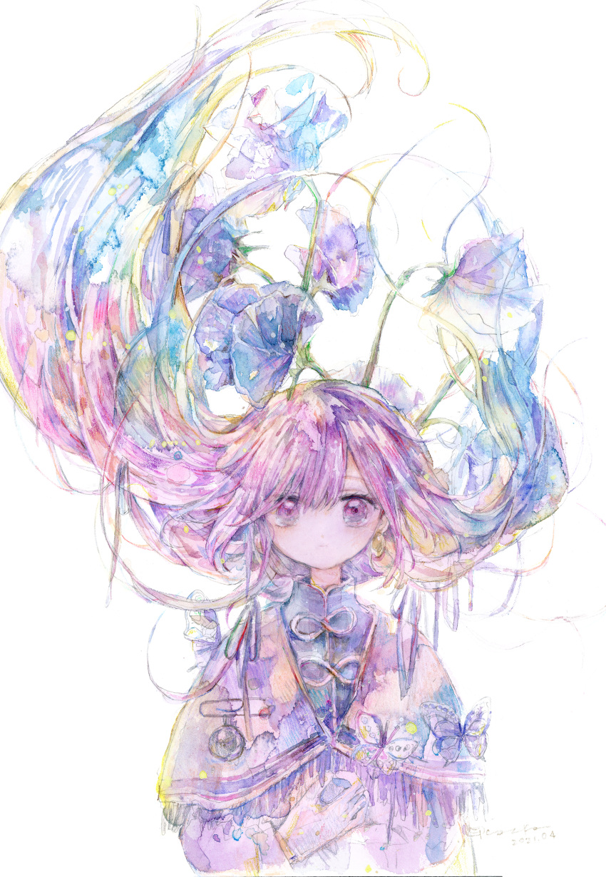 1girl 2021 absurdres blue_hair bug butterfly capelet closed_mouth dated dress floating_hair flower hair_flower hair_ornament hand_on_own_stomach highres kazuka long_hair looking_at_viewer multicolored_hair original painting_(medium) pink_hair purple_capelet purple_dress purple_eyes purple_hair signature simple_background solo straight-on traditional_media upper_body watercolor_(medium) white_background