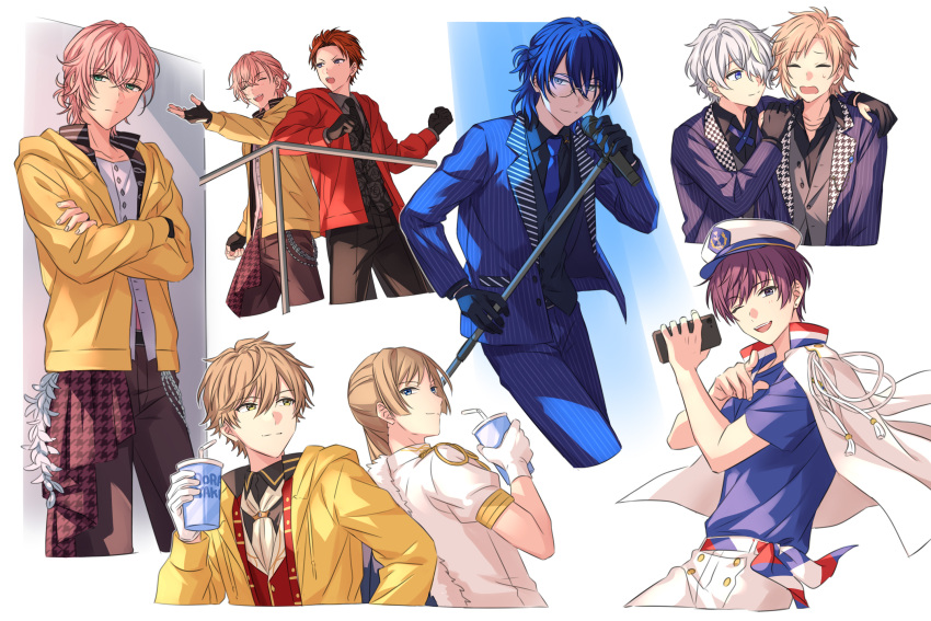 6+boys angry aoyagi_mikado arm_around_shoulder ascot back-to-back black_gloves black_necktie black_shirt blue_eyes blue_hair blue_shirt blue_suit brown_hair cellphone checkered_clothes closed_eyes commentary_request cropped_legs cropped_torso crossed_arms drink frown glasses gloves green_eyes grey_vest hair_over_one_eye half_gloves hat henmi_sora highres holding holding_drink holding_microphone holding_phone hood hoodie isshiki_aoi jacket jacket_on_shoulders kisaki_chihiro kokuyo_mamoru looking_at_viewer microphone microphone_stand multiple_boys necktie on_air! open_mouth outstretched_hand pants parted_bangs phone pink_hair pointing pointing_at_viewer puffy_short_sleeves puffy_sleeves purple_eyes purple_hair purple_jacket railing red_hair red_hoodie red_vest sailor_hat sakurai_momose sekina shirt short_ponytail short_sleeves side_ponytail sketch striped_clothes striped_shirt suit teeth ukima_shiro unhappy upper_teeth_only vertical-striped_clothes vertical-striped_shirt vest white_ascot white_gloves white_hair white_headwear white_jacket white_pants white_shirt yarai_rikka yellow_eyes yellow_jacket