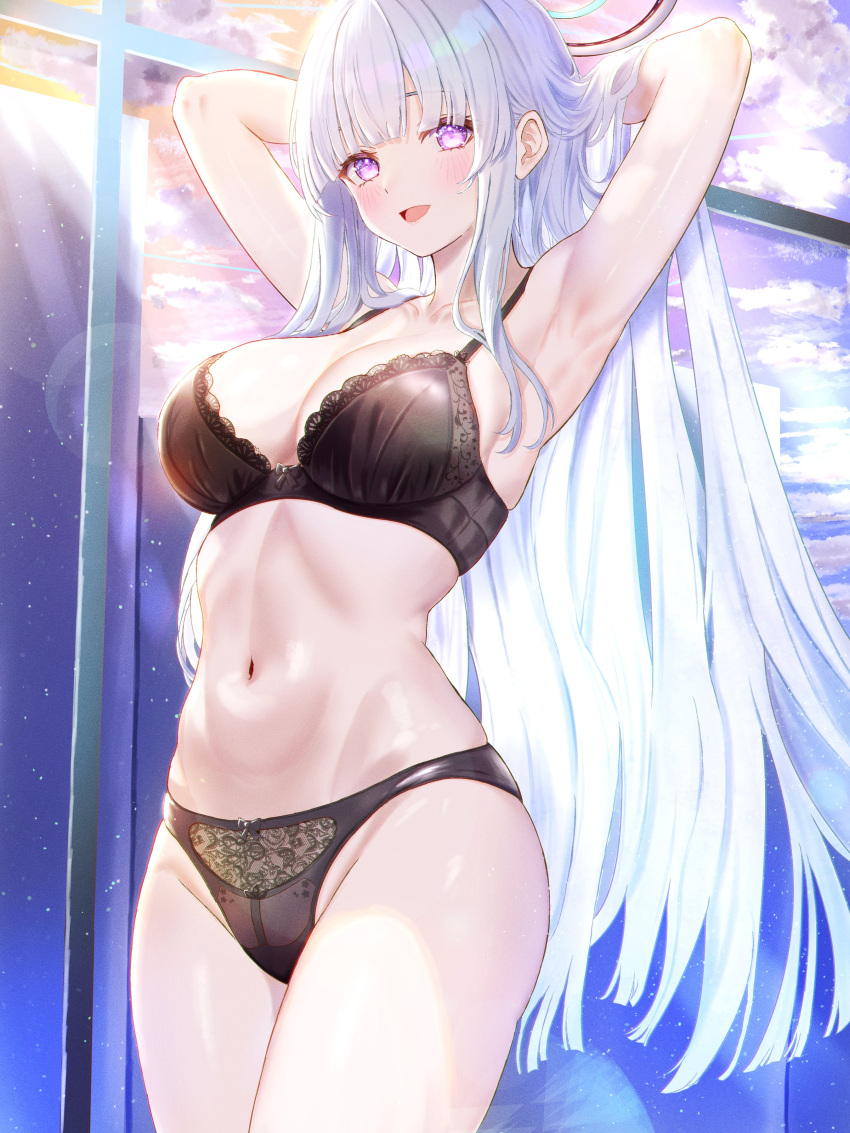 1girl absurdres armpits arms_behind_head black_bra black_panties blue_archive blunt_bangs blush bra breasts halo highres lace lace-trimmed_bra lace_panties lace_trim large_breasts long_hair looking_at_viewer mechanical_halo navel noa_(blue_archive) open_mouth panties purple_eyes smile solo standing underwear underwear_only very_long_hair white_hair zea_(zeamilky)