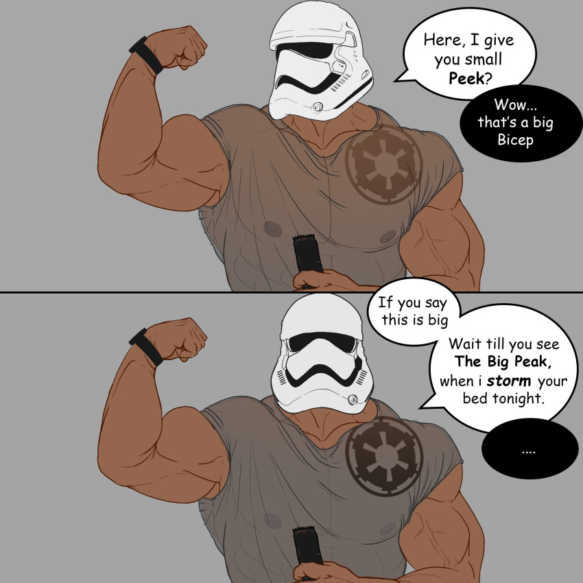 1boy bara biceps dark_skin flexing grey_background helmet highres leograndoa looking_at_viewer male_focus manly mature_male muscular muscular_male nipples pectorals protein_bar see-through shirt simple_background speech_bubble star_wars stormtrooper thick_arms upper_body veins watch wristwatch