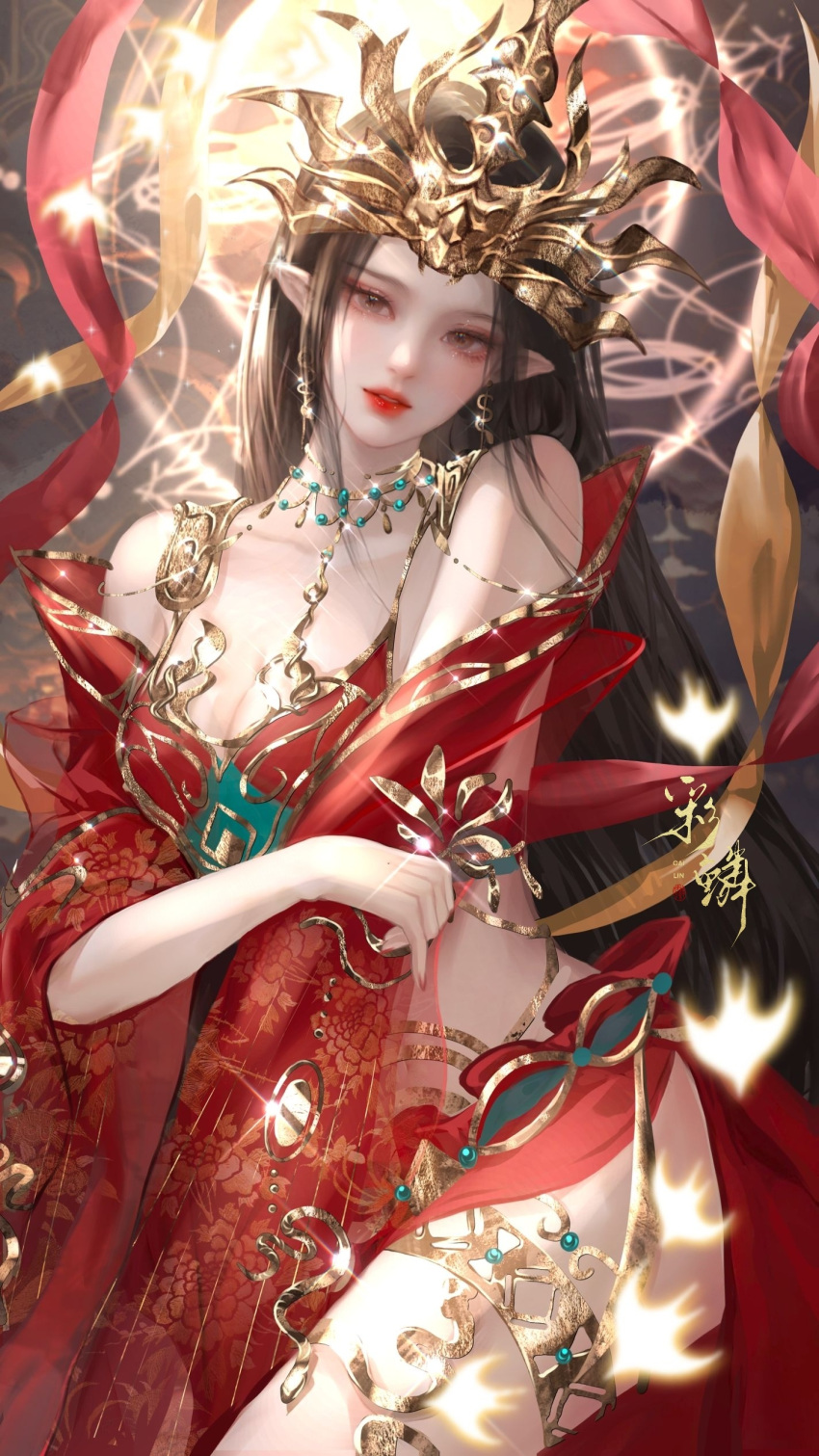 1girl absurdres artist_request bare_shoulders brown_hair cai_lin_(doupo_cangqiong) doupo_cangqiong dress earrings glint hair_ornament halo head_tilt highres jewelry long_hair long_sleeves looking_at_viewer pointy_ears red_dress second-party_source snake_earrings solo thighlet upper_body