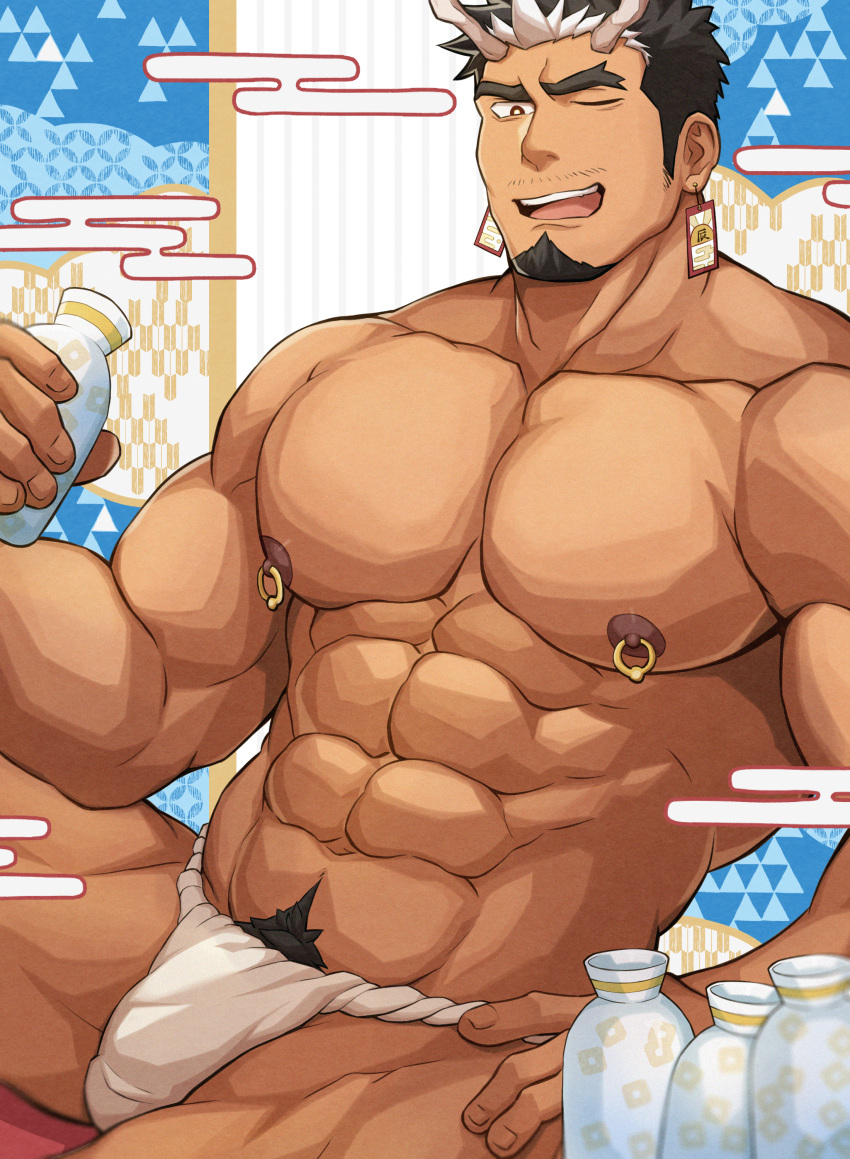 1boy abs absurdres bara black_hair bottle bright_pupils brown_eyes chinese_zodiac dark-skinned_male dark_skin dragon_horns facial_hair forked_eyebrows fundoshi goatee hanafuda_earrings highres holding holding_bottle horns japanese_clothes kareraisu large_pectorals male_focus male_underwear multicolored_hair muscular muscular_male mustache_stubble nipple_piercing nipple_rings nipples one_eye_closed open_mouth original pectorals piercing sake_bottle smile solo stubble thick_eyebrows thick_navel_hair topless_male two-tone_hair underwear white_hair white_male_underwear white_pupils year_of_the_dragon