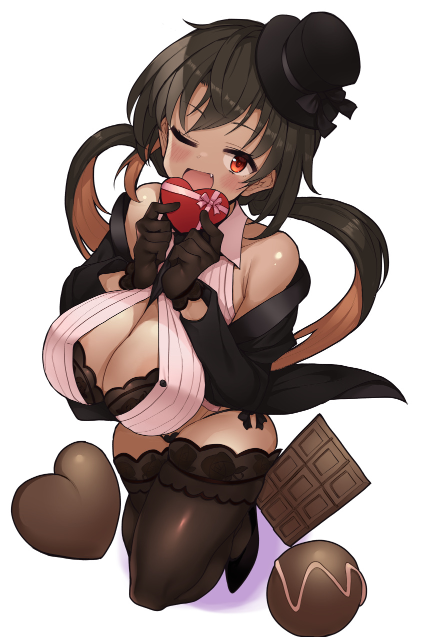 1girl absurdres bare_shoulders blush box breasts brown_hair brown_thighhighs buta-don candy chocolate cleavage fang food heart heart-shaped_box heart-shaped_chocolate highres large_breasts long_hair looking_at_viewer one_eye_closed open_mouth original red_eyes simple_background smile solo thighhighs twintails valentine white_background