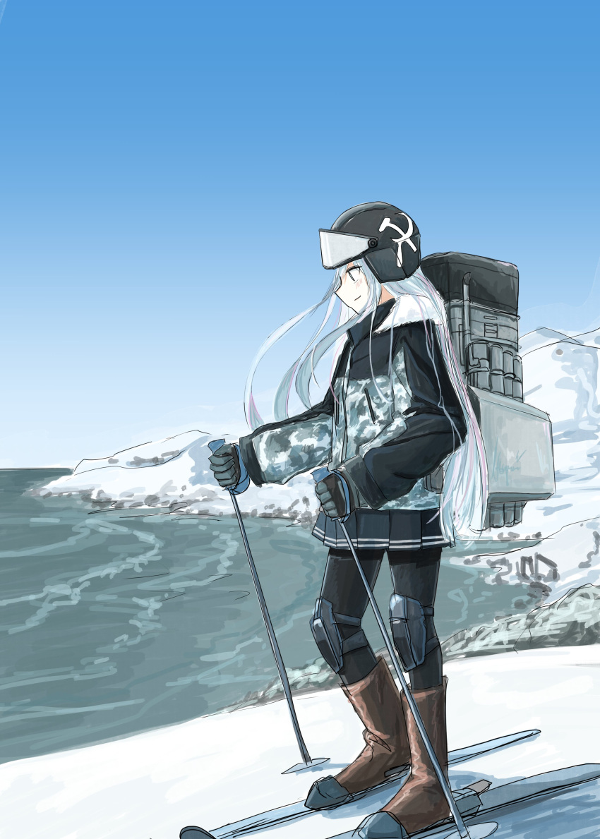 1girl absurdres black_headband black_skirt boots camouflage camouflage_jacket closed_mouth day from_side full_body gloves hammer_and_sickle headband helmet hibiki_(kancolle) highres holding jacket kantai_collection knee_pads knyaz long_hair long_sleeves outdoors pantyhose pleated_skirt profile rigging ski_boots ski_pole skiing skirt skis sky snow solo standing verniy_(kancolle) very_long_hair water