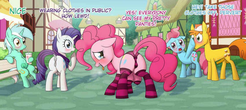 absurd_res anus blush clothing dialogue equid equine eyelashes female feral friendship_is_magic genitals group hair hasbro hi_res horn horse_pen husband_and_wife legwear looking_back male mammal married_couple mr._cake_(mlp) mrs._cake_(mlp) my_little_pony open_mouth panties penis pinkie_pie_(mlp) pupils pussy rarity_(mlp) teats text thigh_highs tongue tongue_out underwear unicorn