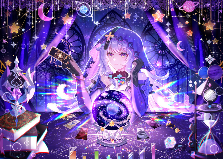 1girl absurdres bare_shoulders black_gloves black_swan_(honkai:_star_rail) book card clock commentary_request crystal_ball elbow_gloves gloves highres holding holding_card honkai:_star_rail honkai_(series) hourglass long_hair purple_hair solo veil very_long_hair viclim-monou yellow_eyes