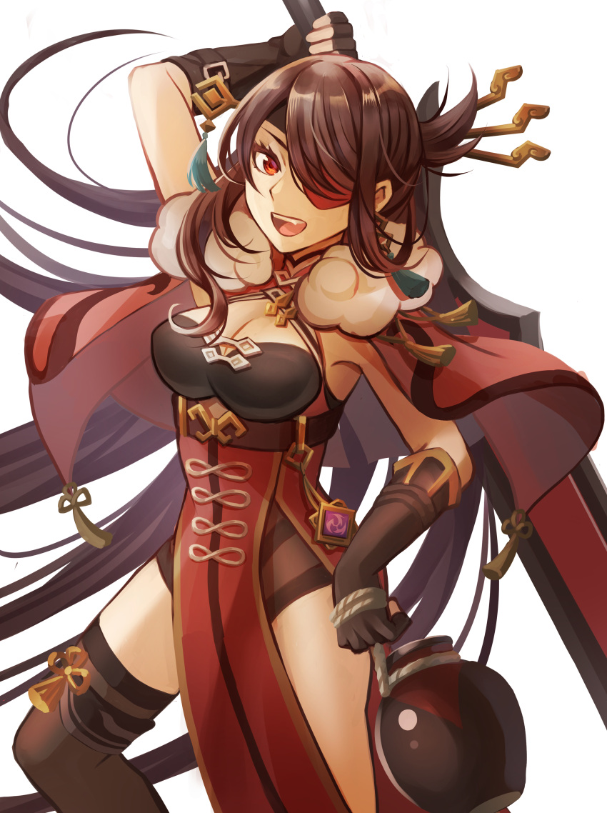 1girl absurdres ankoro arm_up beidou_(genshin_impact) black_gloves breasts brown_hair cleavage commentary_request dress eyepatch fingerless_gloves genshin_impact gloves highres holding holding_sword holding_weapon large_breasts pelvic_curtain red_dress red_eyes solo standing sword thighs weapon