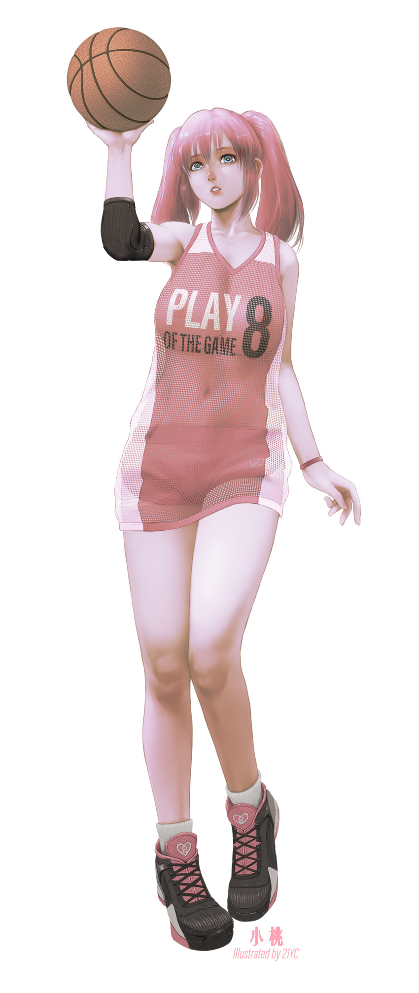 1girl 21yc_(september_breeze) absurdres basketball blue_eyes breasts covered_navel highres jersey large_breasts no_bra original parted_lips pink_hair see-through see-through_shirt shoes short_shorts shorts simple_background sneakers solo twintails white_background