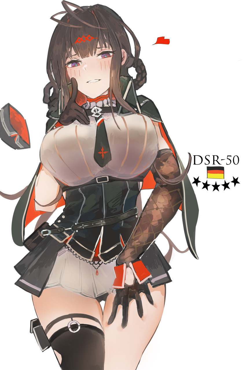 1girl absurdres antenna_hair ass_visible_through_thighs black_cape black_gloves black_necktie blush breasts brown_hair cape character_name cowboy_shot dsr-50_(girls'_frontline) garrison_cap german_flag girls'_frontline gloves hair_ornament hat heart highres large_breasts necktie parted_lips red_cape red_eyes reraise short_necktie skirt solo star_(symbol) two-tone_cape white_background white_skirt