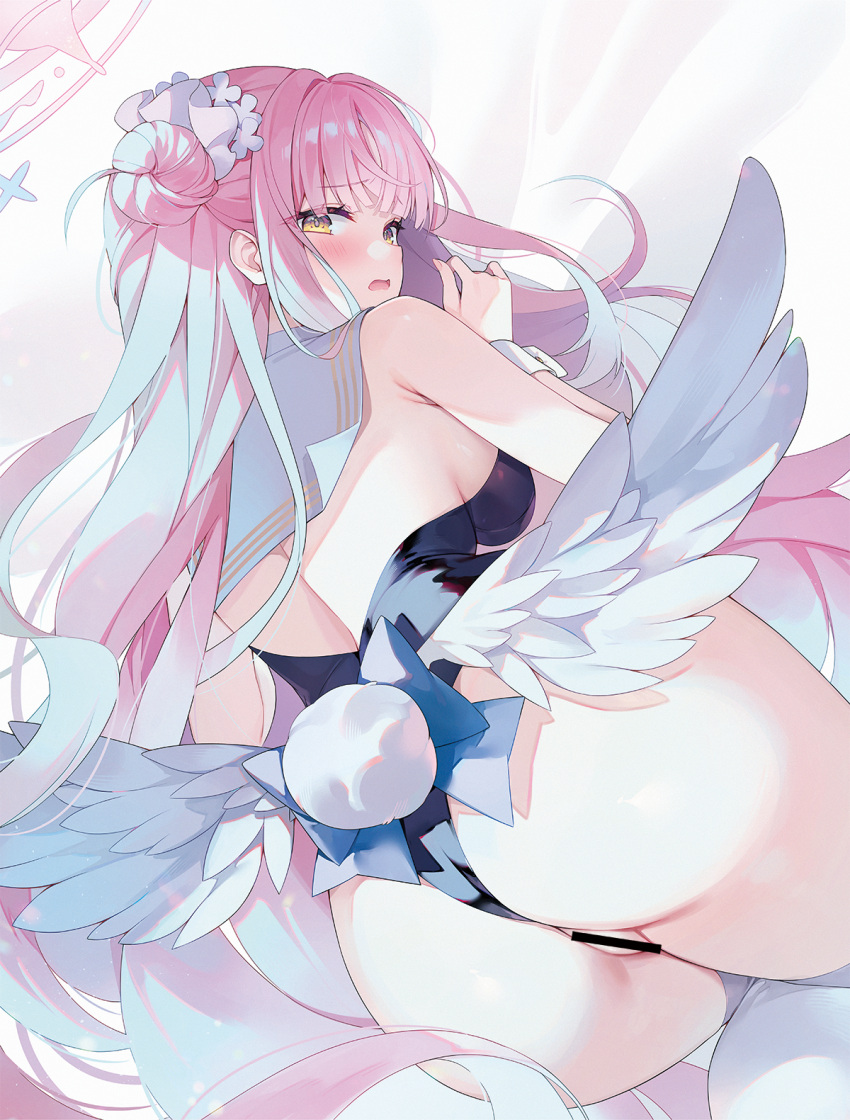 1girl angel_wings ass ayamy bar_censor black_leotard blue_archive breasts censored fake_tail feathered_wings flower from_behind hair_bun hair_flower hair_ornament halo highres large_breasts leotard long_hair looking_at_viewer looking_back mika_(blue_archive) pink_hair pink_halo purple_flower pussy rabbit_tail single_side_bun solo strapless strapless_leotard tail white_wings wings yellow_eyes