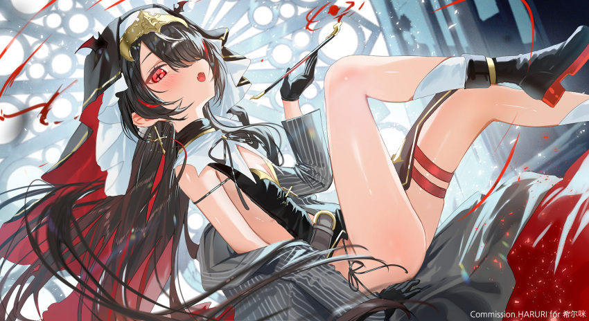 +_+ 1girl belt black_dress black_gloves boots coat commentary commission cross cross_earrings dress earrings fangs flat_chest gloves habit hair_over_one_eye haruri highres holding holding_smoking_pipe jewelry kiseru long_hair looking_at_viewer off_shoulder open_clothes open_coat open_mouth original red_eyes sideless_outfit sitting smoking_pipe solo thigh_strap