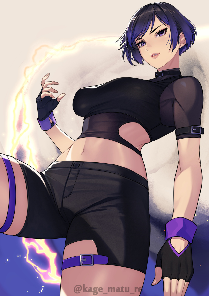 1girl absurdres black_hair breasts electricity fingerless_gloves gloves highres kagematsuri looking_at_viewer midriff multicolored_hair navel purple_eyes purple_hair reina_(tekken) short_hair shorts solo tekken tekken_8 thick_thighs thigh_strap thighs twitter_username