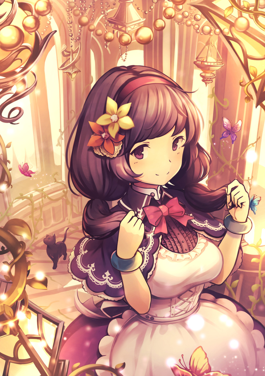 apron bangs black_cat blush bow bracelet breasts brown_hair bug butterfly capelet cat closed_mouth commentary_request flower frilled_apron frills gazebo gogatsu_no_renkyuu hair_flower hair_ornament hairband hands_up highres holding holding_hair indoors insect jewelry large_breasts looking_at_viewer low_twintails original plant purple_eyes red_bow red_flower red_ribbon ribbon scales smile solo swept_bangs twintails vines yellow_flower