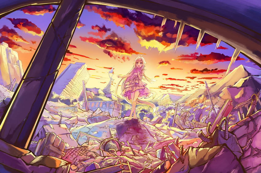 ahoge bangs barefoot commentary_request dress dying_(dying0414) eyebrows_visible_through_hair floating_hair hand_on_own_chest highres ia_(vocaloid) long_hair looking_up music open_mouth outstretched_hand scenery singing smile solo very_long_hair vocaloid wasteland white_dress