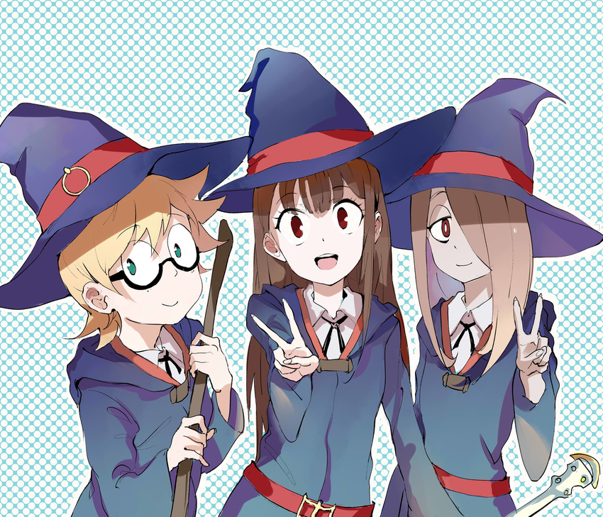 absurdres blonde_hair broom brown_eyes brown_hair freckles glasses green_eyes hair_over_one_eye hat highres kagari_atsuko light_brown_hair little_witch_academia long_hair looking_at_viewer lotte_jansson multiple_girls open_mouth pale_skin polka_dot polka_dot_background semi-rimless_eyewear short_hair sishenfan sketch smile sucy_manbavaran under-rim_eyewear upper_body v witch witch_hat