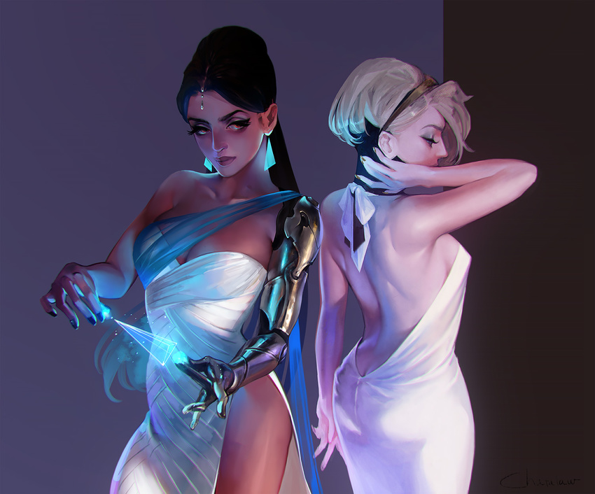 alternate_hairstyle arm_behind_head back backless_dress backless_outfit black_hair blonde_hair breasts butt_crack chatalaw cleavage dark_skin dress hair_ornament hairband highres holographic_interface large_breasts mechanical_arm medium_breasts mercy_(overwatch) multiple_girls overwatch sash side_slit sideboob symmetra_(overwatch) white_dress