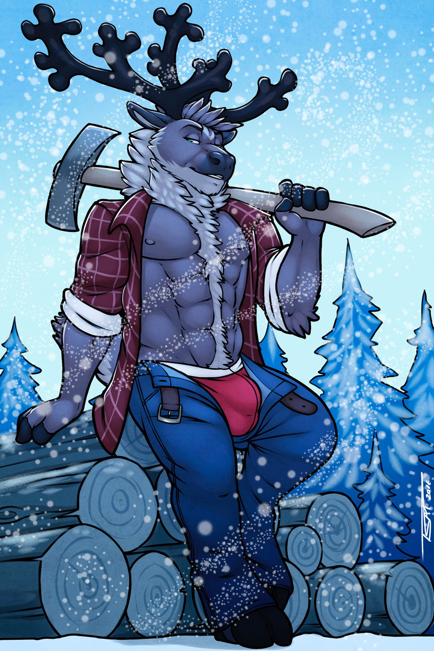 axe belt bulge cervine clothing forest jeans jockstrap leaning looking_at_viewer male mammal melee_weapon muscular nipples outside pants pinup pose reindeer snow solo tree tsaiwolf underwear undressing weapon winter
