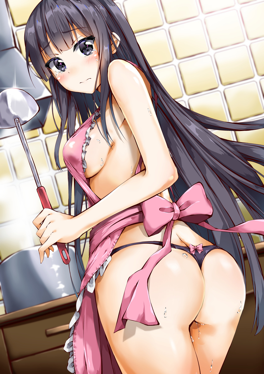 3: apron ass black_eyes black_hair blush bow breasts cooking cowboy_shot dutch_angle eyebrows_visible_through_hair from_behind glint highres hinabita holding kuria_(clear_trip_second) ladle long_hair looking_back medium_breasts nearly_naked_apron pink_apron pink_bow pot shimotsuki_rin sideboob solo steam sweat tears thong tile_wall tiles very_long_hair wedgie