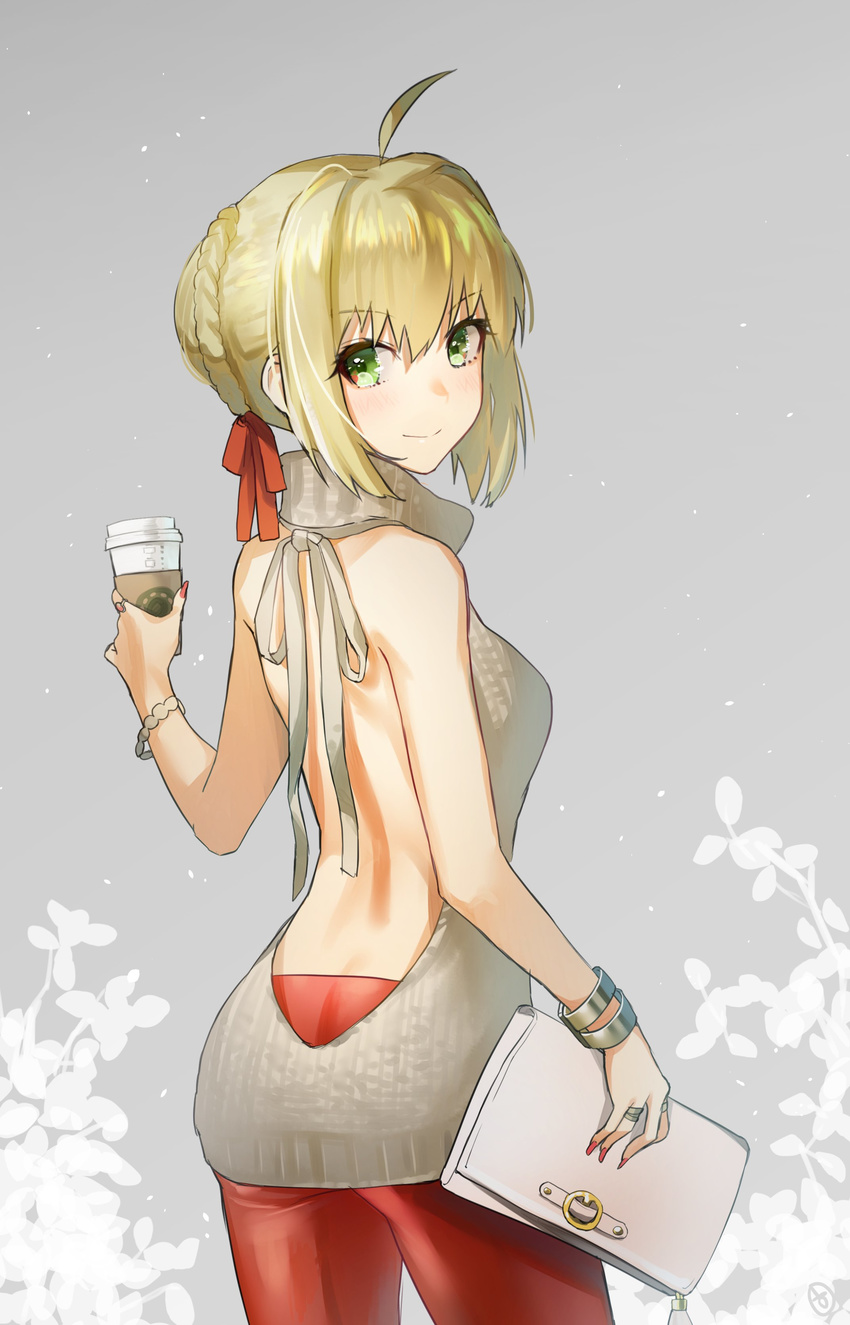 absurdres ahoge back backless_dress backless_outfit bag bangs bare_back blonde_hair bracelet braid breasts closed_mouth coffee_cup cowboy_shot cup disposable_cup dress eyebrows_visible_through_hair fate/extra fate_(series) from_behind grey_background hair_between_eyes hair_bun hair_intakes hair_ribbon halterneck handbag hieung highres holding holding_bag jewelry leaf leaf_background looking_at_viewer looking_back medium_breasts meme_attire nail_polish nero_claudius_(fate) nero_claudius_(fate)_(all) pantyhose red_legwear red_nails red_ribbon ribbed_sweater ribbon ring short_hair sidelocks smile solo starbucks sweater sweater_dress turtleneck turtleneck_sweater virgin_killer_sweater