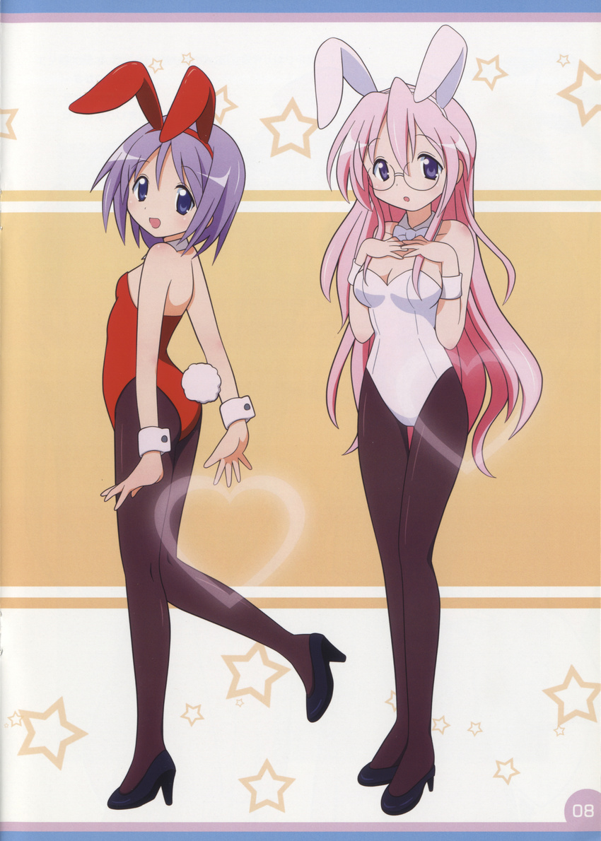 absurdres animal_ears ass blue_eyes blush breasts bunny_ears bunnysuit cleavage glasses highres hiiragi_tsukasa lucky_star mel_(melty_pot) multiple_girls non-web_source pantyhose pink_hair purple_eyes purple_hair small_breasts smile takara_miyuki