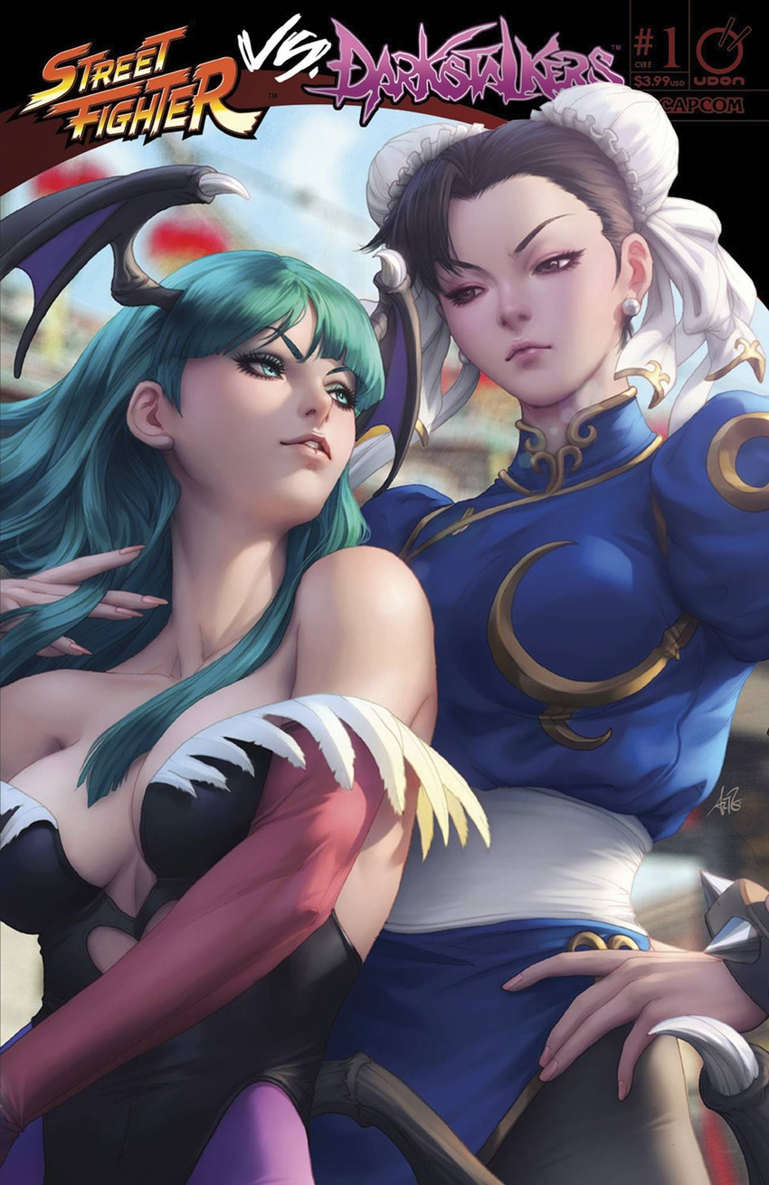 bare_shoulders black_hair black_legwear blue_dress breasts bun_cover capcom china_dress chinese_clothes chun-li cleavage cover cover_page crossover demon_girl double_bun dress earrings eyebrows eyelashes eyeshadow fingernails forehead green_eyes green_hair hair_flip hand_on_hip head_wings highres jewelry lens_flare leotard lips long_fingernails low_wings makeup medium_breasts morrigan_aensland multiple_girls nose official_art pantyhose puffy_short_sleeves puffy_sleeves purple_legwear sash short_hair short_sleeves stanley_lau street_fighter street_fighter_vs._darkstalkers succubus udon_entertainment vampire_(game) wings