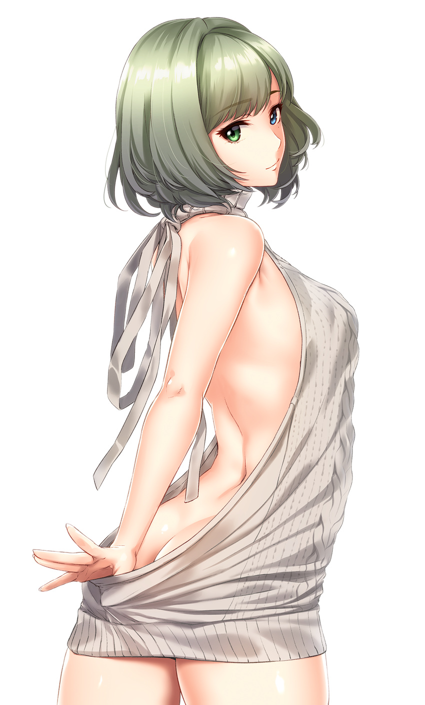 ass backless_dress backless_outfit bare_back bare_shoulders blue_eyes blush breasts butt_crack cowboy_shot dress green_eyes halterneck heterochromia highres idolmaster idolmaster_cinderella_girls infinote looking_at_viewer looking_back medium_breasts meme_attire mole mole_under_eye naked_sweater no_bra no_panties ribbed_sweater short_hair simple_background smile solo sweater sweater_dress takagaki_kaede turtleneck turtleneck_sweater virgin_killer_sweater white_background