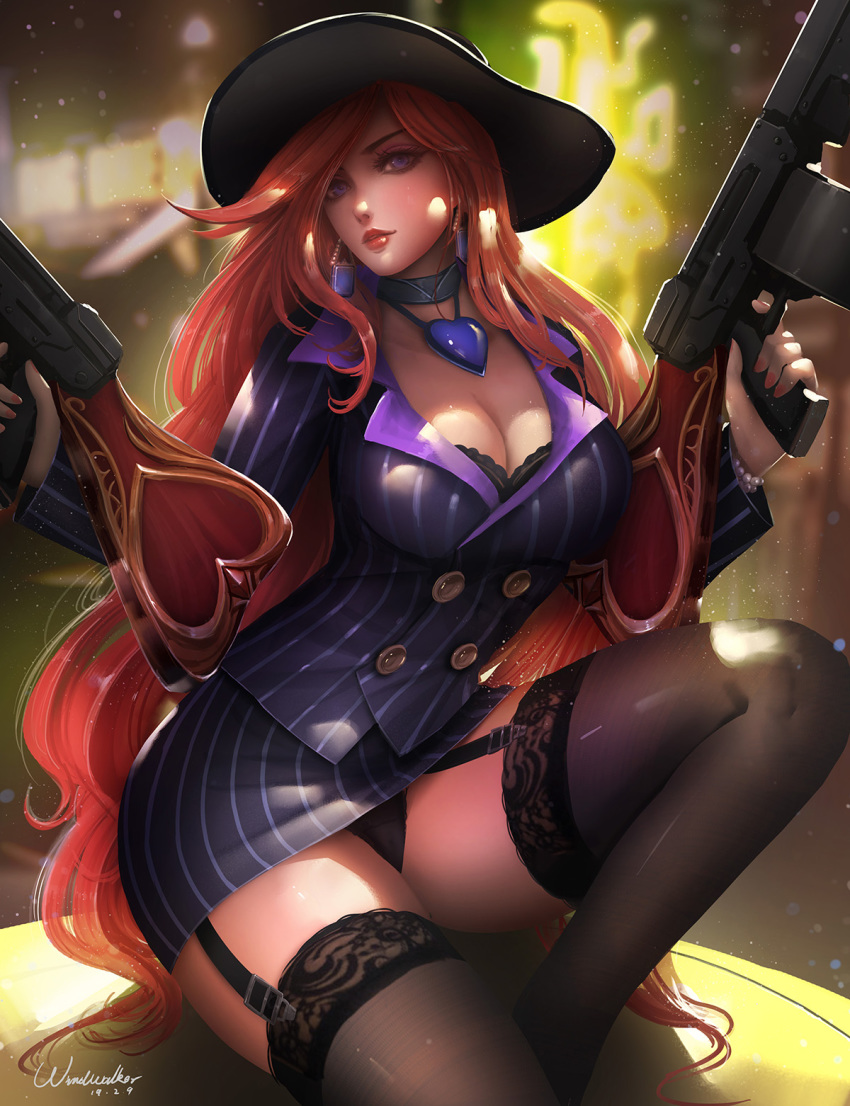 1girl black_bra black_panties bra breasts cleavage dual_wielding garter_straps gun hat highres holding kaze_no_gyouja large_breasts league_of_legends long_hair mafia_miss_fortune panties pantyshot pink_eyes red_hair sarah_fortune signature solo submachine_gun tagme thighhighs underwear very_long_hair weapon