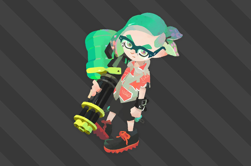 commentary_request diagonal_stripes domino_mask from_above glasses green_hair grey_background hawaiian_shirt heavy_splatling_(splatoon) highres inkling inoue_seita male_focus mask official_art pointy_ears shirt shoes simple_background sneakers solo splatoon_(series) splatoon_2 striped striped_background tentacle_hair